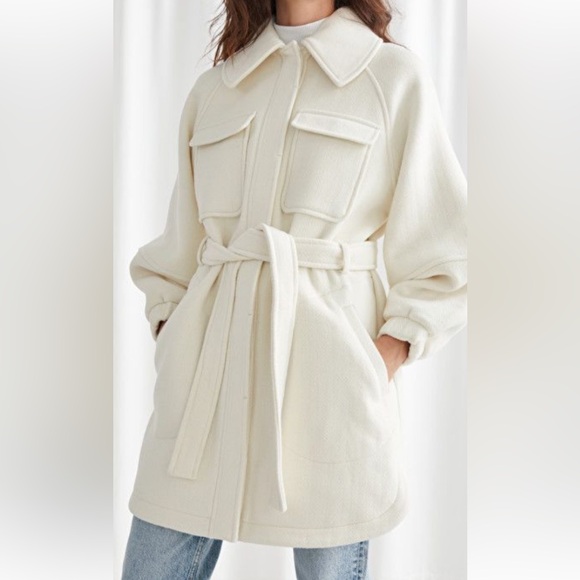 & Other Stories Jackets & Blazers - & Other Stories Cream Wool Blend Belted Balloon Sleeve Coat